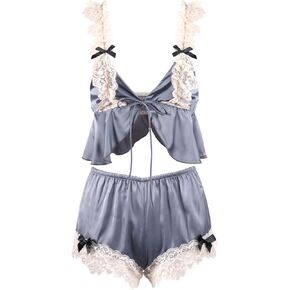 Women Satin Cami Pajama Sets 2 Piece Front Closure Camisole Tops and Shorts Lace Trim Silk Pjs Sleepwear Nightgown