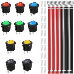 10PCS Round Rocker Switch ON Off SPST AC 10A 125V/AC 6A 250V 2 Pin 2 Position Snap in 20mm Mini Circle Boat Toggle 5 Colors KCD1 with 20PCS Terminal Wire Sheath (4.8mm/0.18inch)