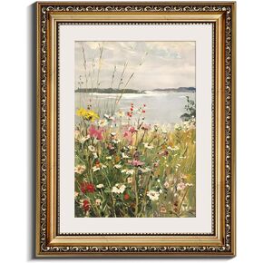 InSimSea Gold Framed Canvas Wall Art Room Decor Vintage Wildflower Field Landscape Decor Classical Floral Oil Painting Canvas Prints Coastal Flower Wall Decor for Living Room Bathroom Bedroom 11x14in