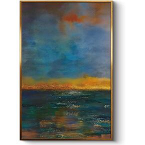Large Modern Seascape Abstract Canvas Wall Art 16x24 inch, Gold Framed Ocean Sunrise Sunset Canvas Print, Living Room Ocean Landscape Painting Gold and Blue, Seascape Home Bedroom Office Decor