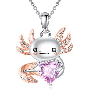 KZX Cute Axolotl Necklace for Women S925 Sterling Silver Pink Heart Crystal Axolotl Pendant Jewelry Gifts for lover