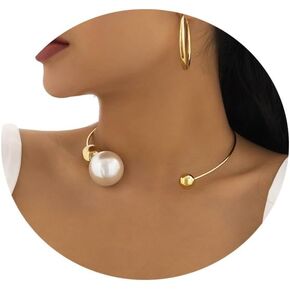 Metal Pearl Open Choker Necklace Adjustable Gold Pearl Choker Necklaces for Women Round Open Cuff Necklace Elegant Cuff Collar Necklace Statement Chain Necklace for Women (Gold)