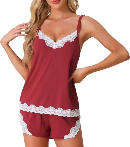 cheibear Womens Lace Pajama Set Cami Sleepwear Modal Pjs 2 Piece Lounge Set with Shorts in Saudi Arabia