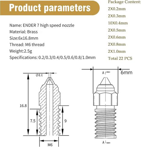 Creality10PCS Ender 3 V3 SE، Ender 5 S1 مجموعة فوهات سبائك النحاس المطلية بالنيكل، طابعة ثلاثية الأبعاد مقاومة لدرجات الحرارة العالية 5 قطع 0.4 مم، 5 قطع 0.6 مم طقم فوهات لـ Ender 5 S1، Ender 7، Spider 1.0 in Kuwait