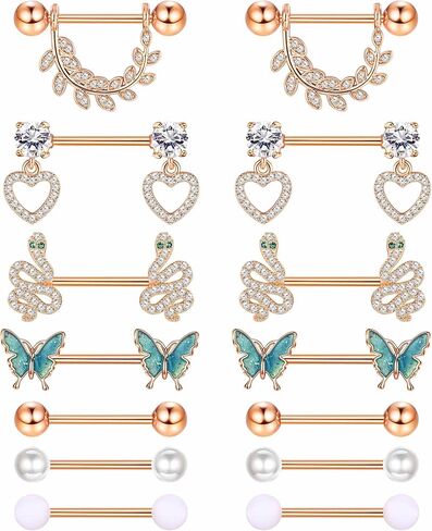 Besteel 7 Pairs Nipple Piercing Jewelry Stainless Surgical Steel Nipple Rings Set Cute CZ Ball Heart Butterfly Snake Tongue Belly Barbell Body Jewelry for Women 14G in Kuwait