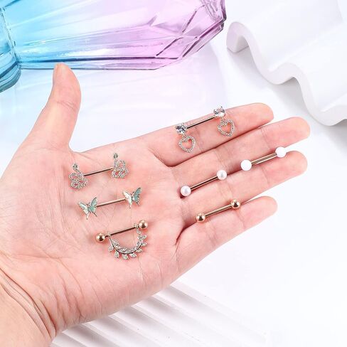 Besteel 7 Pairs Nipple Piercing Jewelry Stainless Surgical Steel Nipple Rings Set Cute CZ Ball Heart Butterfly Snake Tongue Belly Barbell Body Jewelry for Women 14G in Kuwait