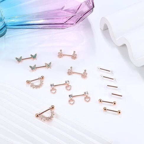Besteel 7 Pairs Nipple Piercing Jewelry Stainless Surgical Steel Nipple Rings Set Cute CZ Ball Heart Butterfly Snake Tongue Belly Barbell Body Jewelry for Women 14G in Kuwait