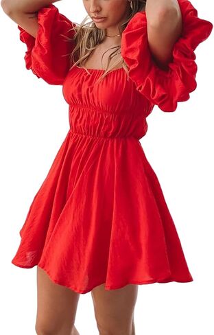 R.Vivimos Summer Dress for Women Short Puff Sleeve Boho Off The Shoulder Casual Smocked Swing Mini Dress in Saudi Arabia
