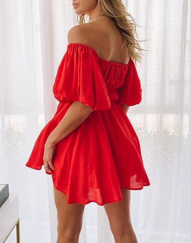 R.Vivimos Summer Dress for Women Short Puff Sleeve Boho Off The Shoulder Casual Smocked Swing Mini Dress in Saudi Arabia