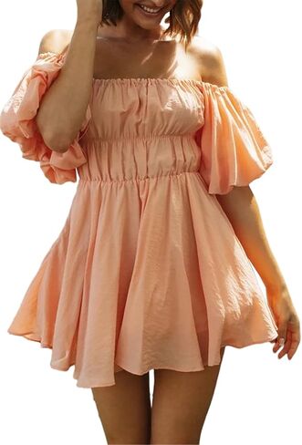 R.Vivimos Summer Dress for Women Short Puff Sleeve Boho Off The Shoulder Casual Smocked Swing Mini Dress in Saudi Arabia