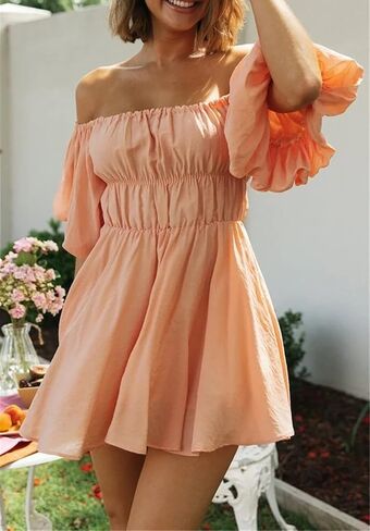 R.Vivimos Summer Dress for Women Short Puff Sleeve Boho Off The Shoulder Casual Smocked Swing Mini Dress in Saudi Arabia