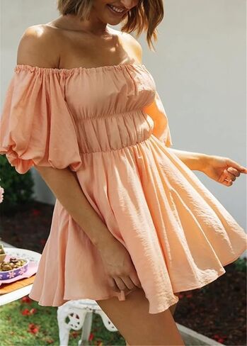 R.Vivimos Summer Dress for Women Short Puff Sleeve Boho Off The Shoulder Casual Smocked Swing Mini Dress in Saudi Arabia