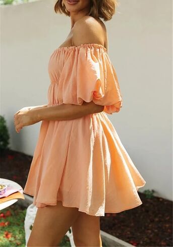 R.Vivimos Summer Dress for Women Short Puff Sleeve Boho Off The Shoulder Casual Smocked Swing Mini Dress in Saudi Arabia