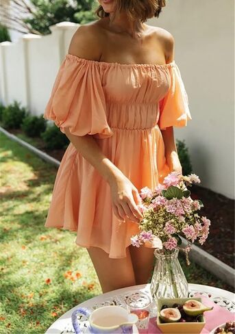 R.Vivimos Summer Dress for Women Short Puff Sleeve Boho Off The Shoulder Casual Smocked Swing Mini Dress in Saudi Arabia