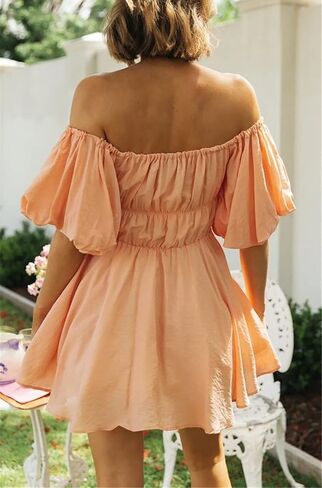 R.Vivimos Summer Dress for Women Short Puff Sleeve Boho Off The Shoulder Casual Smocked Swing Mini Dress in Saudi Arabia