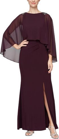 S.L. Fashions Women's Long Stretch Knit Dress with Beaded Chiffon Capelet in Saudi Arabia
