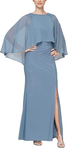 S.L. Fashions Women's Long Stretch Knit Dress with Beaded Chiffon Capelet in Saudi Arabia