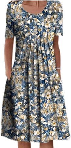 فساتين صيفية متوسطة الطول للنساء 2024 فستان كاجوال بأكمام قصيرة وفتحة رقبة مستديرة وطيات أمامية مع جيوب in Kuwait