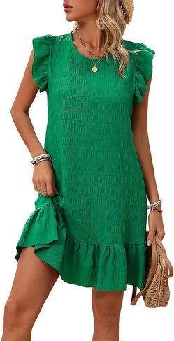 Women's Ruffle Hem Dress 2025 Summer Mini Sundress Casual Crewneck A Line Swing Beach Dresses in Saudi Arabia