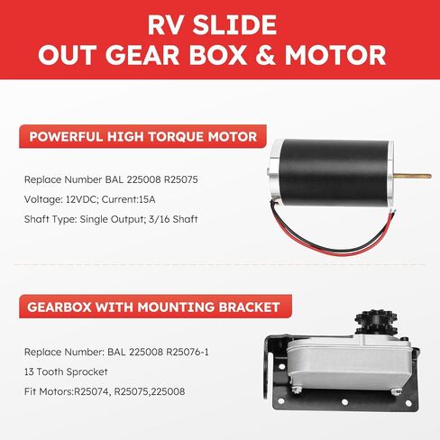 225008 RV Slide Out Motor Gear Compatible with Accu-Slide Cable Driven Room System, Replace for R25076-1 R25075 225008 RV Slide Out Gear Box and R25075 High Torque Motor for Travel Trailer Camper |12V in Saudi Arabia