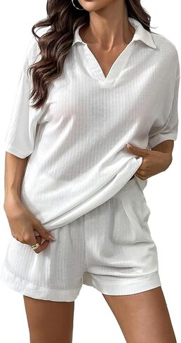 طقم بيجامات نسائية من Remidoo بأكمام قصيرة مضلعة مكونة من قطعتين in Kuwait