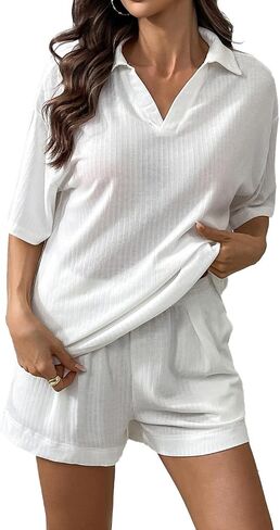 Remidoo Women's Ribbed Short Sleeve 2 Piece Pajamas Set Collared Lounge Set in Saudi Arabia