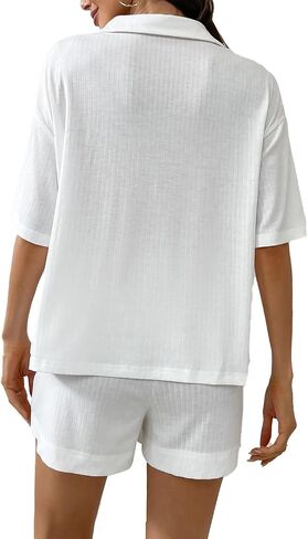 Remidoo Women's Ribbed Short Sleeve 2 Piece Pajamas Set Collared Lounge Set in Saudi Arabia