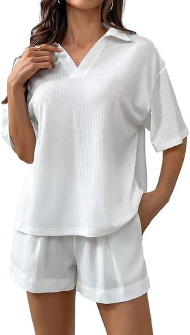 طقم بيجامات نسائية من Remidoo بأكمام قصيرة مضلعة مكونة من قطعتين in Kuwait