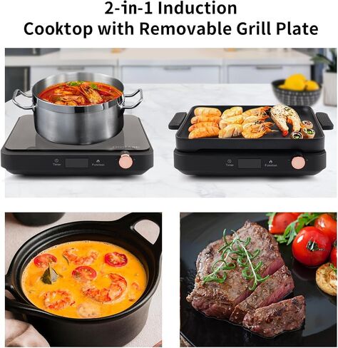 Induction Cooktop with Removable Grill Plate, 1200W 12 Power levels Adjustment High Efficiency Electric Countertop, Portable Heat Plate, Magnetic Cookware for Apartment, Dormitory, White in Saudi Arabia