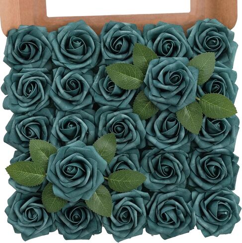 TINGE TIME Artificial Flowers 3" Rose, 25pcs Flowers with Stem, Roses for DIY Wedding Decorations Bouquets Centerpieces Boutonniere Floral Arrangements Bridal Shower (Dark Teal) in Saudi Arabia