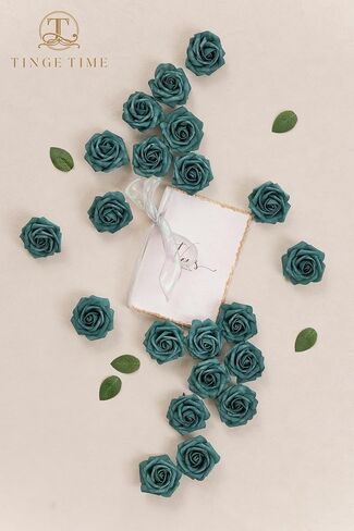 TINGE TIME Artificial Flowers 3" Rose, 25pcs Flowers with Stem, Roses for DIY Wedding Decorations Bouquets Centerpieces Boutonniere Floral Arrangements Bridal Shower (Dark Teal) in Saudi Arabia