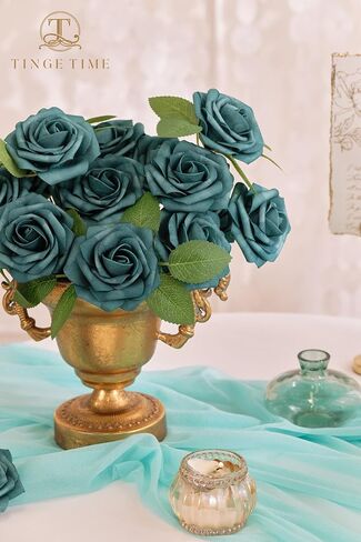 TINGE TIME Artificial Flowers 3" Rose, 25pcs Flowers with Stem, Roses for DIY Wedding Decorations Bouquets Centerpieces Boutonniere Floral Arrangements Bridal Shower (Dark Teal) in Saudi Arabia