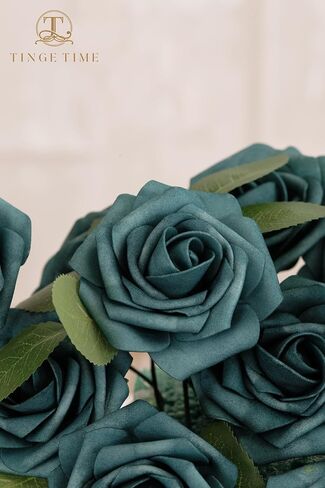 TINGE TIME Artificial Flowers 3" Rose, 25pcs Flowers with Stem, Roses for DIY Wedding Decorations Bouquets Centerpieces Boutonniere Floral Arrangements Bridal Shower (Dark Teal) in Saudi Arabia