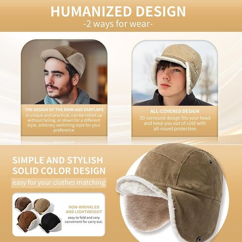 Cold Weather Winter Hat Corduroy Fleece Beanie Earflaps Warm Short Brim Baseball Cap Trapper Hat Russian Ushanka Hat in Kuwait