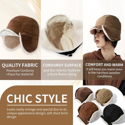 Cold Weather Winter Hat Corduroy Fleece Beanie Earflaps Warm Short Brim Baseball Cap Trapper Hat Russian Ushanka Hat in Kuwait