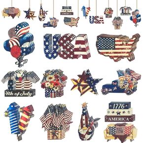 36 Pcs 4th of July Ornaments for Tree Patriotic Decor Memorial Day Decorations Vintage Wooden Hanging Ornaments American Flag Patriotic Ornaments Independence Day Party Supplies