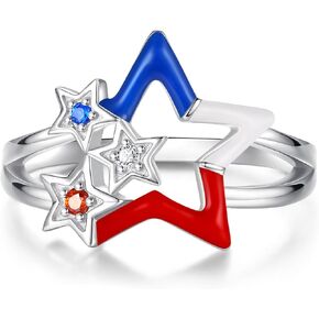 American Flag Ring Sterling Silver 4th of July Red White and Blue Star Jewelry Independence Day Gifts for Women