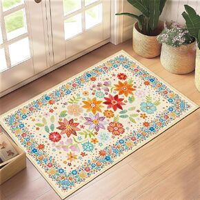 Boho Area Rug for Living Room Vintage Floral Rug 3'x 5' Washable Non Slip Rugs Soft Floral Carpet for Bedside, Living Room, Bedroom, Farmhouse, Dining Room, Kids Playroom, Beige