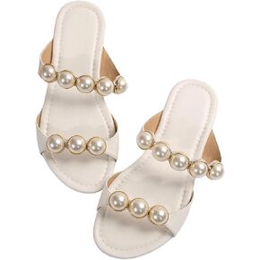 GORGLITTER Women's Pearls Decor Double Band Open Toe Slide Sandals Round Toe Pu Leather Flats