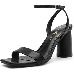 Athlefit Women's Strappy Chunky Block Heels Fashion Square Open Toe Heeled Sandals Ankle Strap Wedding Party Shoes