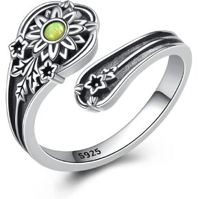 BEILIN Turquoise Sunflower Thumb Ring for Women Sterling Silver Adjustable Boho Vintage Victorian Flower Thumb Rings Wide Jewelry Gifts