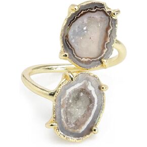 Geode Druzy Agate Quartz Crystal Two Station Gemstone Prong Setting Adjustable Rings, Gold and Silver Plated, Stone Size 15-20mm, Adjustable Shank for US Scale 6-8