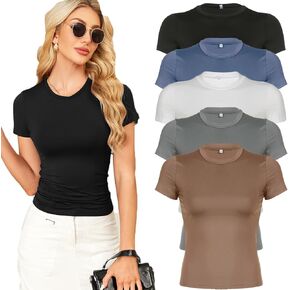 5 Pack Womens T Shirts Short Sleeve Shirts Basic Tees for Women Casual Fitted Crew Neck Stretchy Tee Top