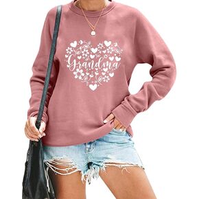 Grandma Long-Sleeve T-Shirt for Women Heart-Shaped Floral Grandma Graphic Crewneck Pullover Top