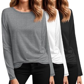 Riyiper 3 Pack Women's Long Sleeve Shirts Crew Neck Basic Tops Loose Fit Fall Casual Undershirts Trendy Outfits Clothes