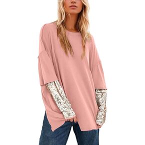 Sequin Patchwork Tops for Women Oversized Long Sleeve Sparkly T-Shirts Top Crew Neck Party Club Shirt