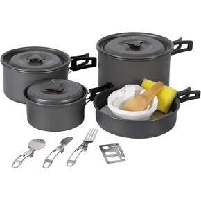 REDCAMP 12 PCS Camping Cookware Mess Kit Camping Gear Campfire Utensils Lightweight Stackable Pot Pan Bowls Soup Spoon with Storage Bag for Camping, Backpacking, Outdoor Cooking and Picnic, Beige