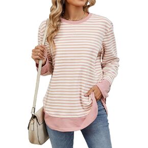 Blostirno Womens Crewneck Striped Sweatshirt Long Sleeve Shirts Hoodies Fall Casual Loose Blouse Tunic Tops