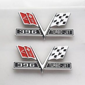 2PCS 1965-1967 396 Turbo Jet V-Flag Emblem 3D Badge 3867312 Crossed Replacement for Corvette Chevelle (Silver Red), GIBURCER111