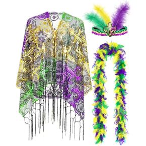 Jansun Mardi Gras Costume Accessory Outfit Set Shawl Feather Headband Boa Long Poncho Cape for Mardi Gras Party Favor